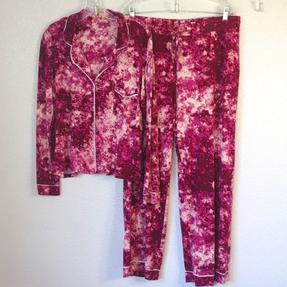 Jenni XL Pajama Set Notch-Collar Pink Splash Tiedye Jersey Knit